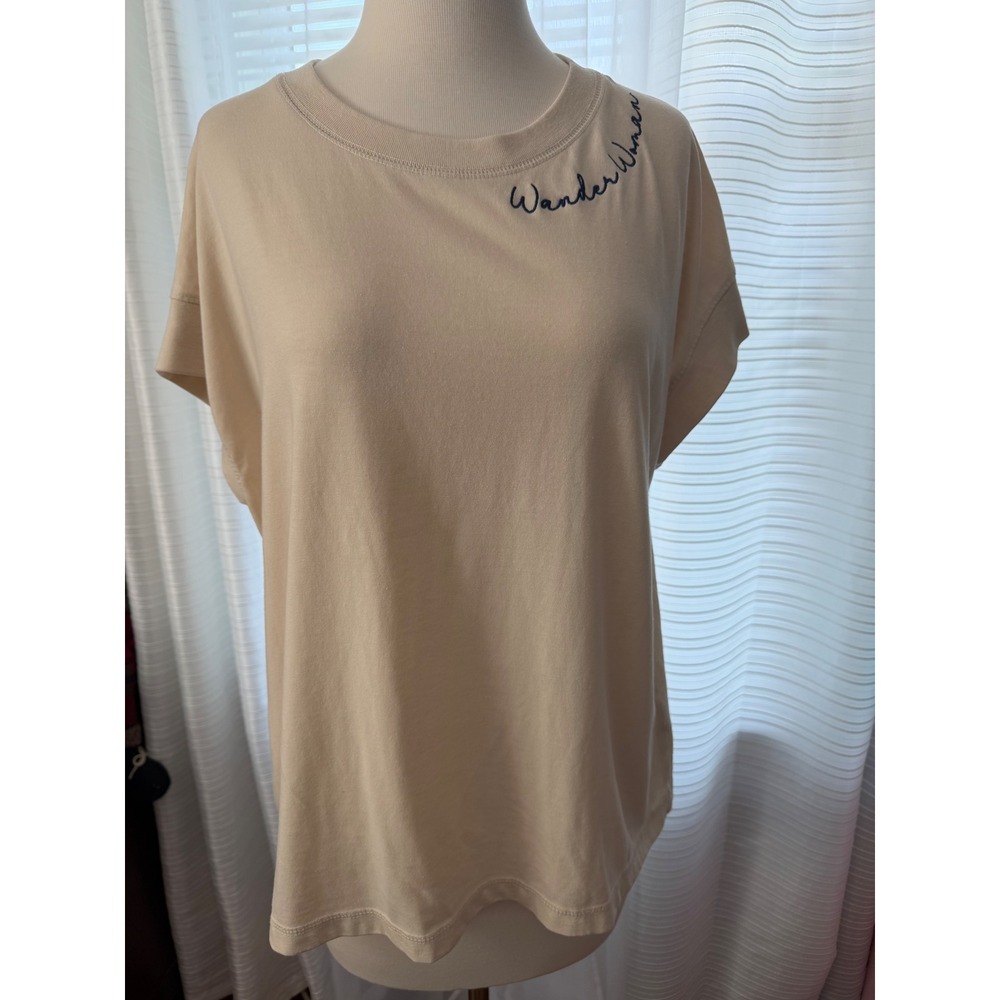 LAT Live and Tell Wander Woman Embroidered Tee Cream Beige Short Sleeve Medium